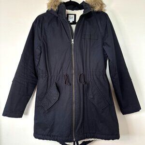 GAP, Fleece-lined utility jacket with fur hood, Navy, SIze S